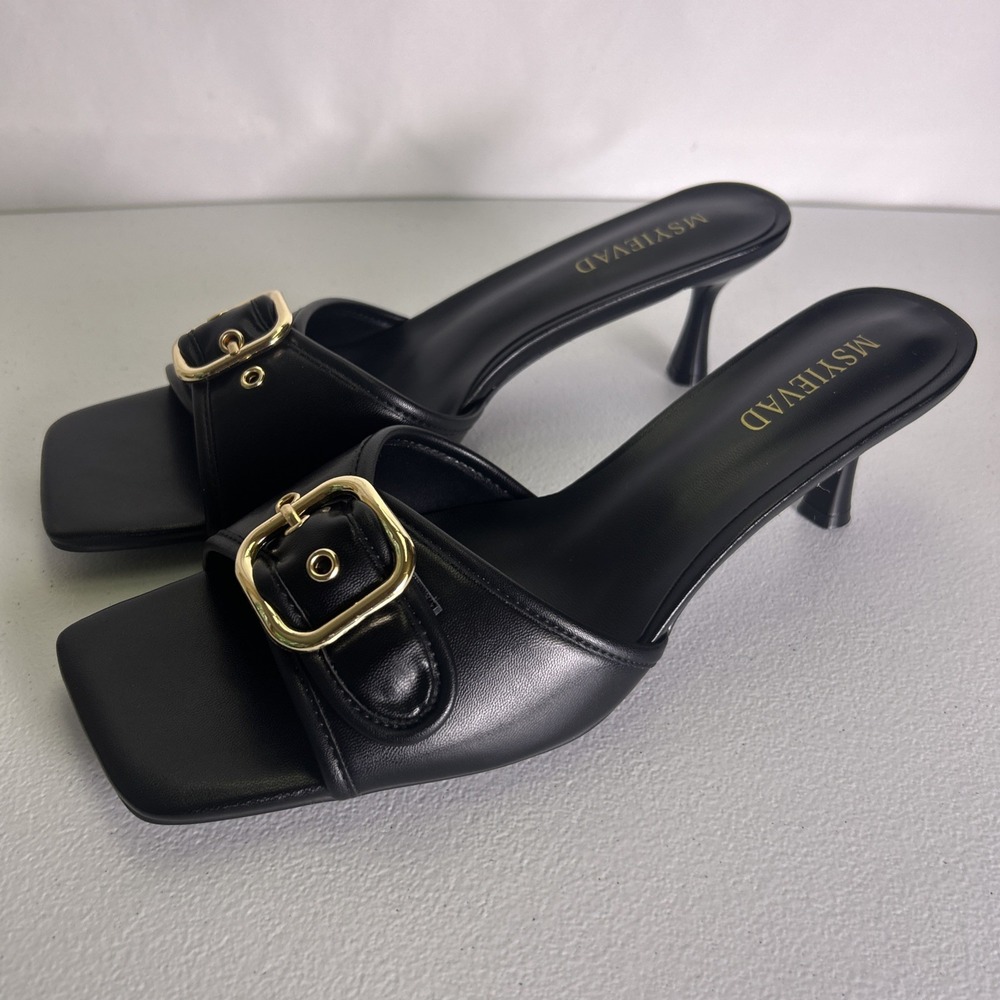 MSYIEVAD Black Mule Sandals Square Open Toe Gold Buckle Slip On Size 10 New NIB